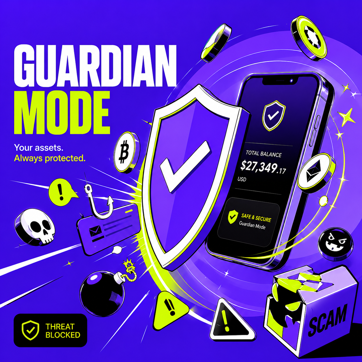 Nox Guardian Mode — a shield protecting a phone wallet from scam tokens, phishing and drainers