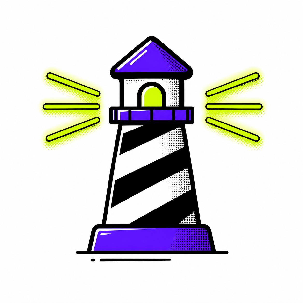 Nox support beacon — a striped lighthouse shining lime beams
